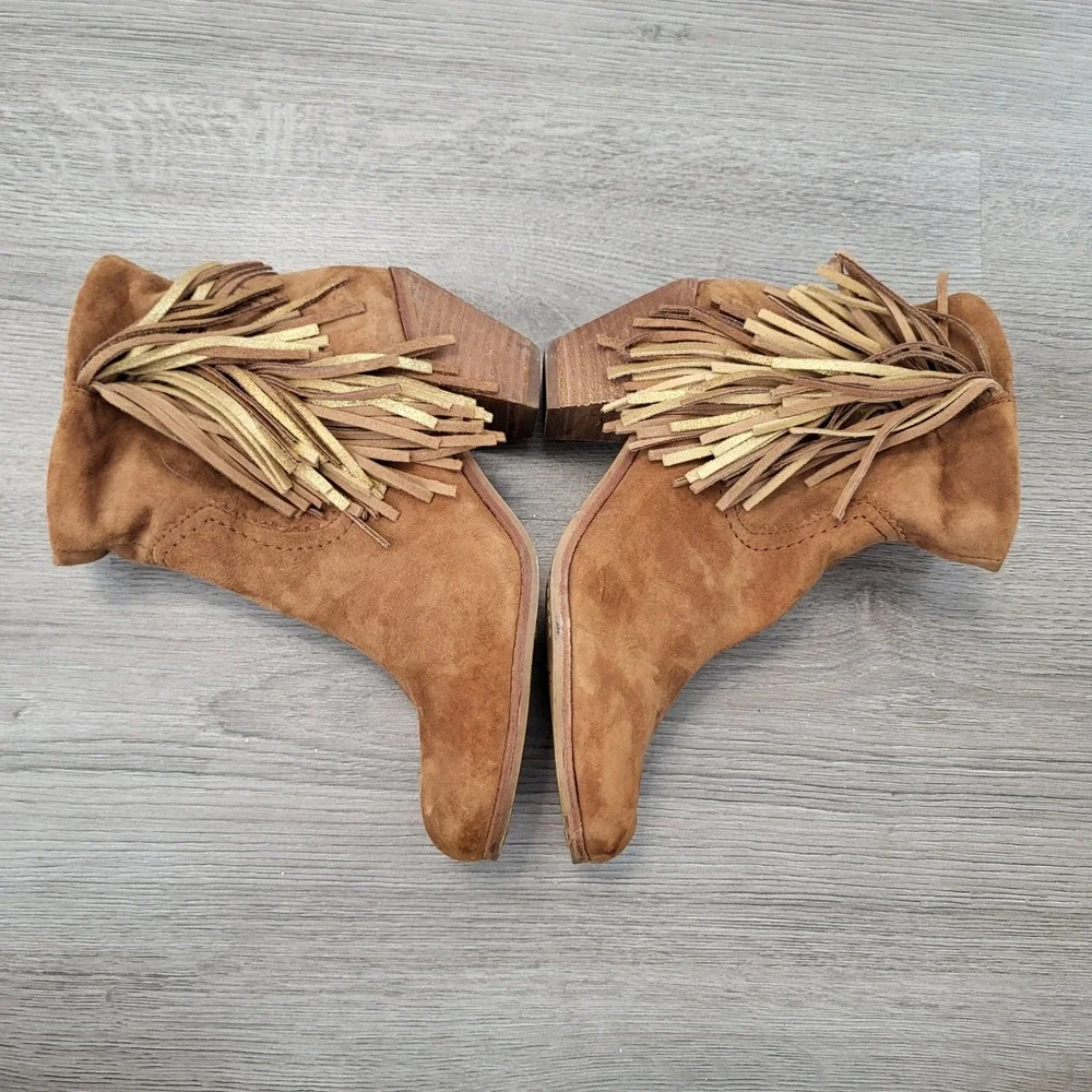 Sam‎ Edelman Tan Suede Gold Fringe Ankle Boots Western Brown Boho Womens 8